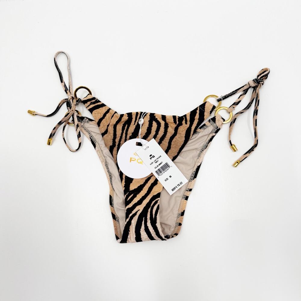 PQ Swim Bikini Bottom SZ Small NWT Cleo Link TieSide Teeny Tiger Print Gold Ring - Picture 3 of 16